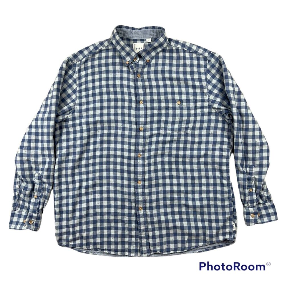 ROWM Men's Size XL Button Down Long Sleeve Shirt Blue Gingham
